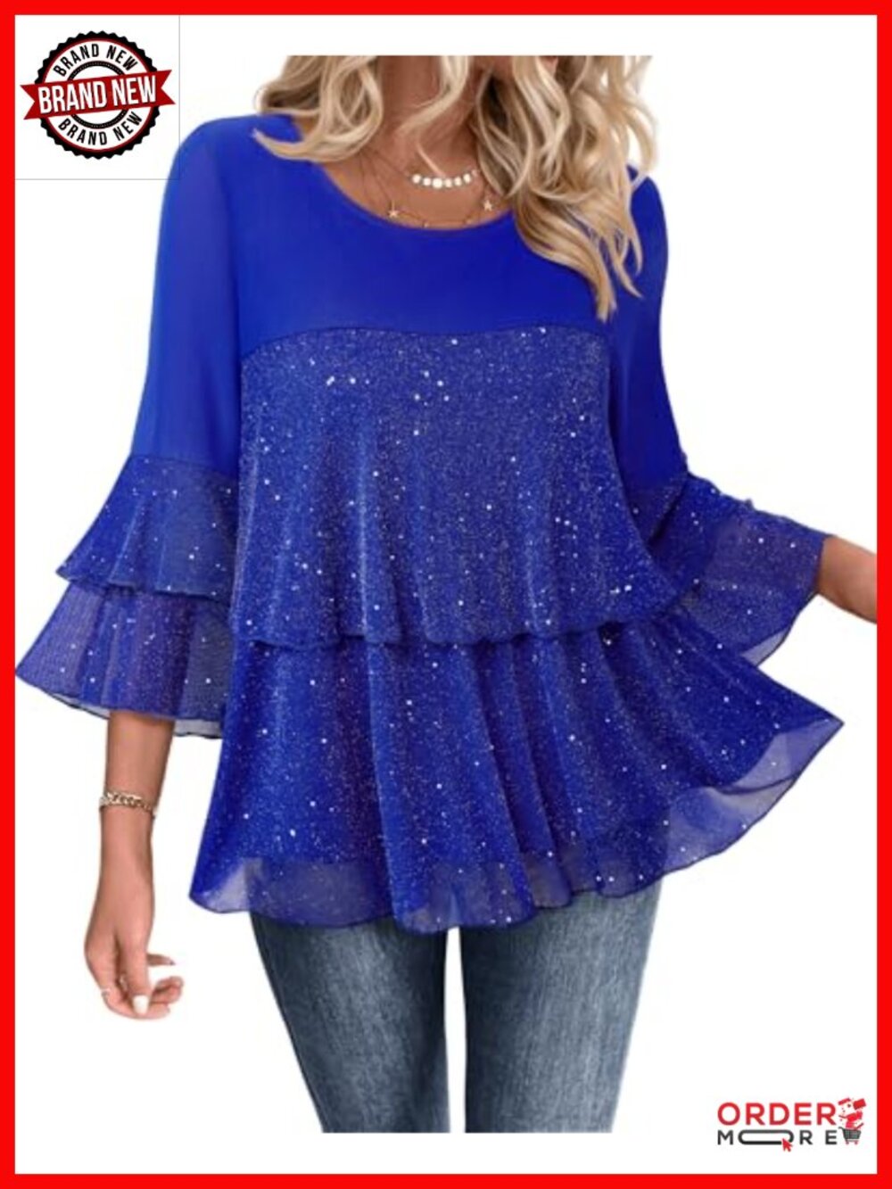 Sparkly Sequin Peplum Top 3/4 Sleeve Flowy Blouse Evening Dressy Tunic